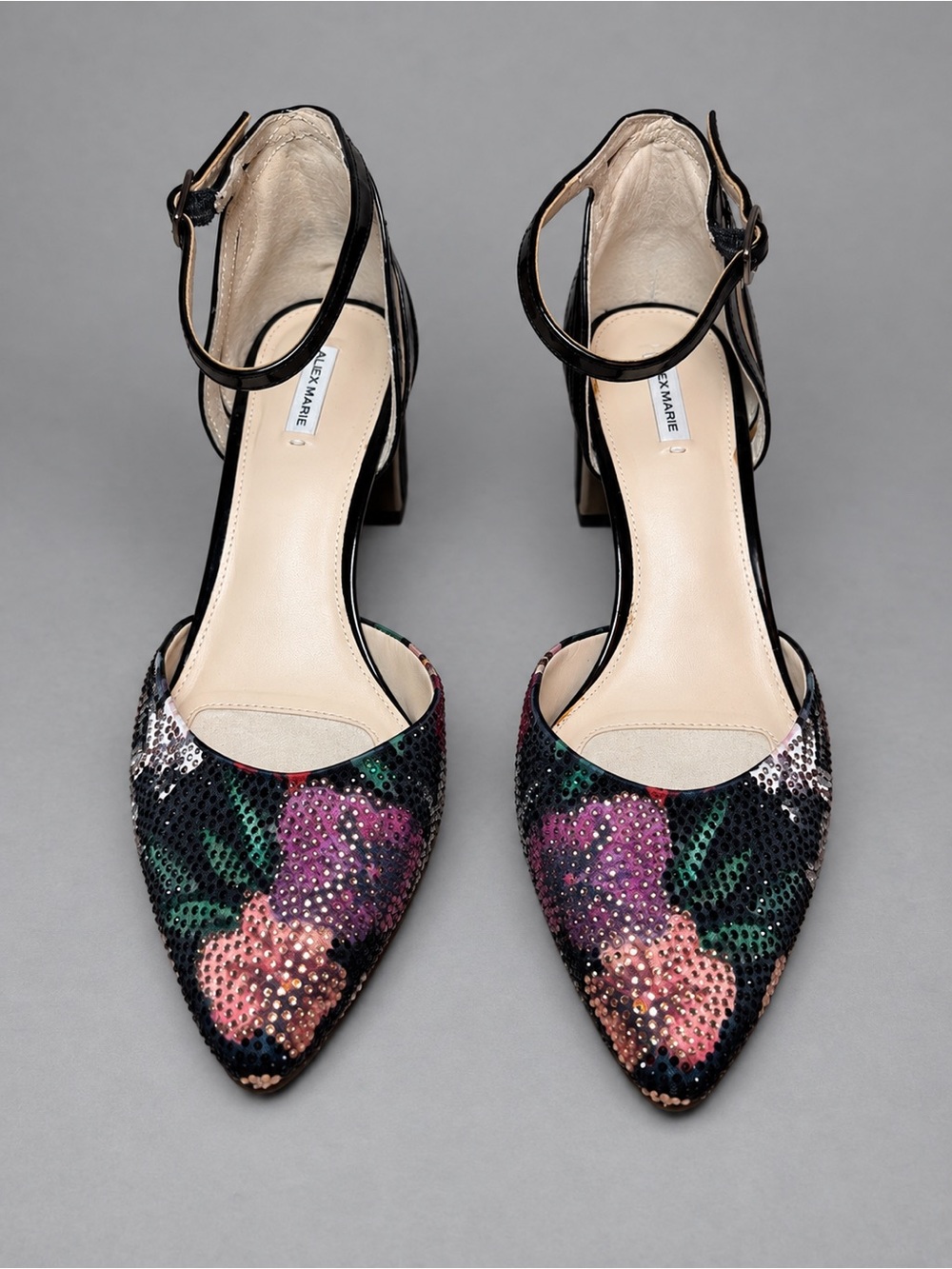 Alex Marie Black Sequin Floral Pointed-Toe Ankle-Strap Heels